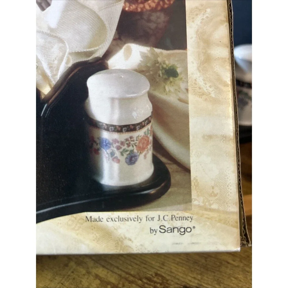 Ceramic Salt & Pepper Shakers W/ Napkin Holder Elizabeth Gray Vtg JCPenney Sango
